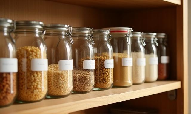 Organized pantry with glass jars