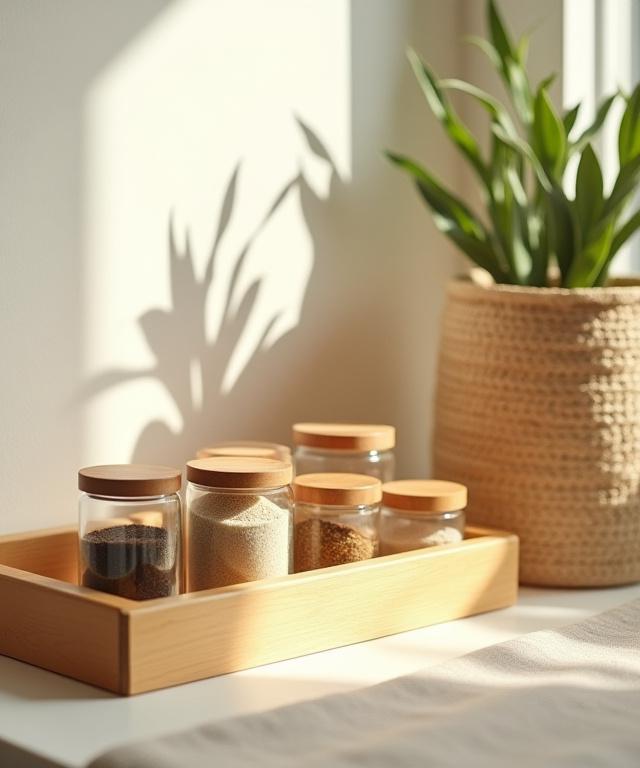 Artistic arrangement of bamboo storage boxes and glass jars in a bright kitchen