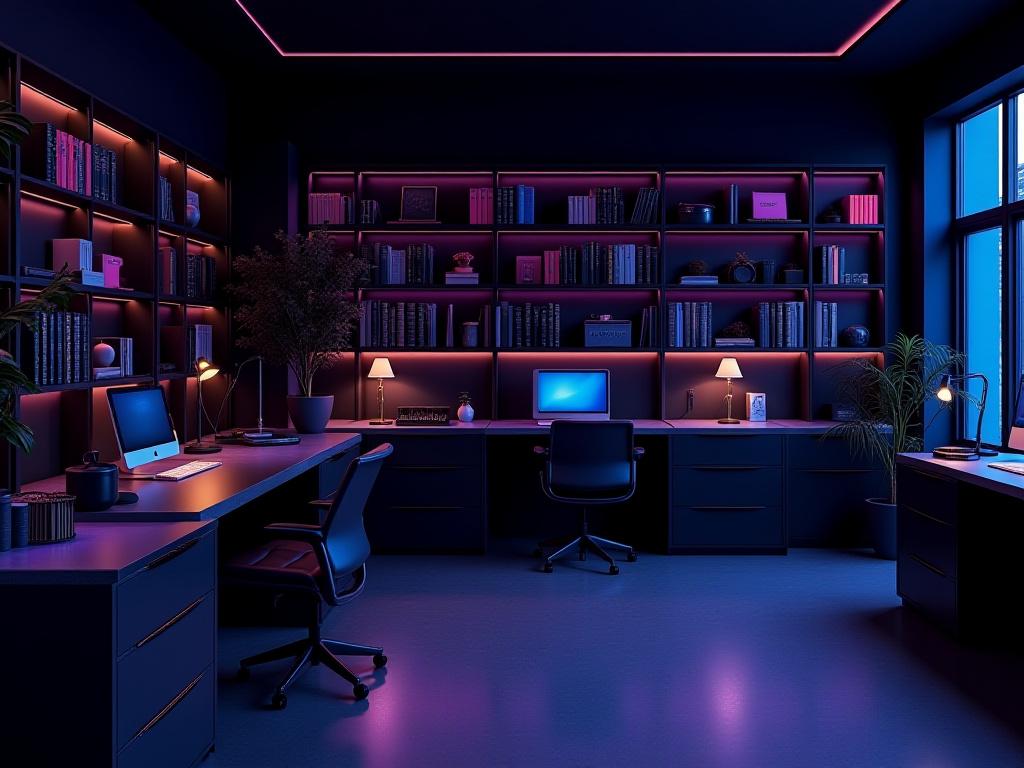 Organized home office with aesthetic lighting