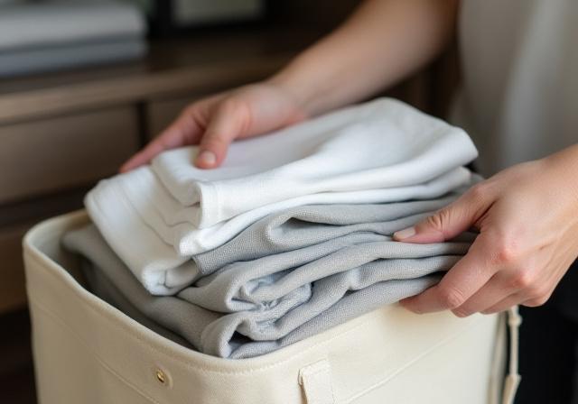 Professional organizer sorting items into labeled canvas bins