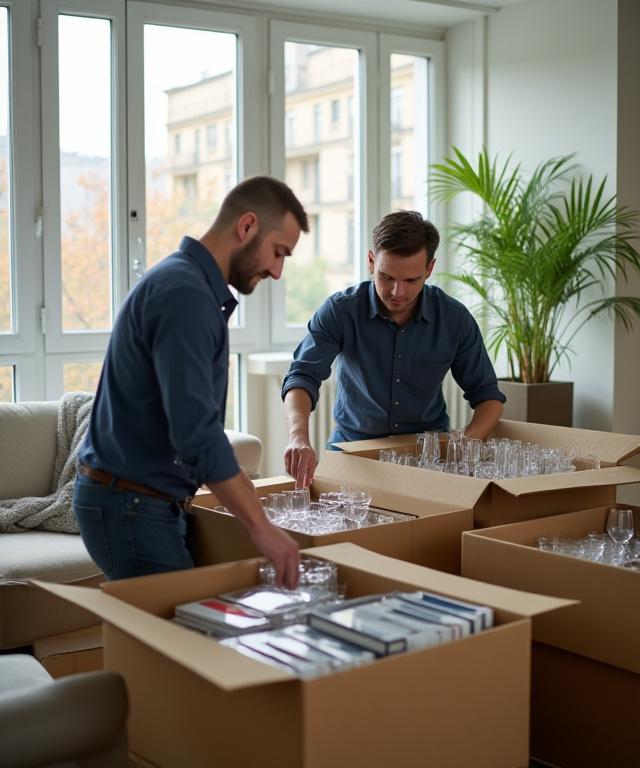 Professional home organizers packing boxes in a high-end modern apartment
