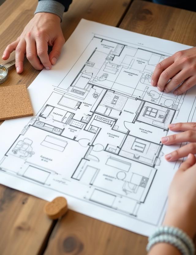 Consultant and client reviewing home layout with eco-friendly storage samples